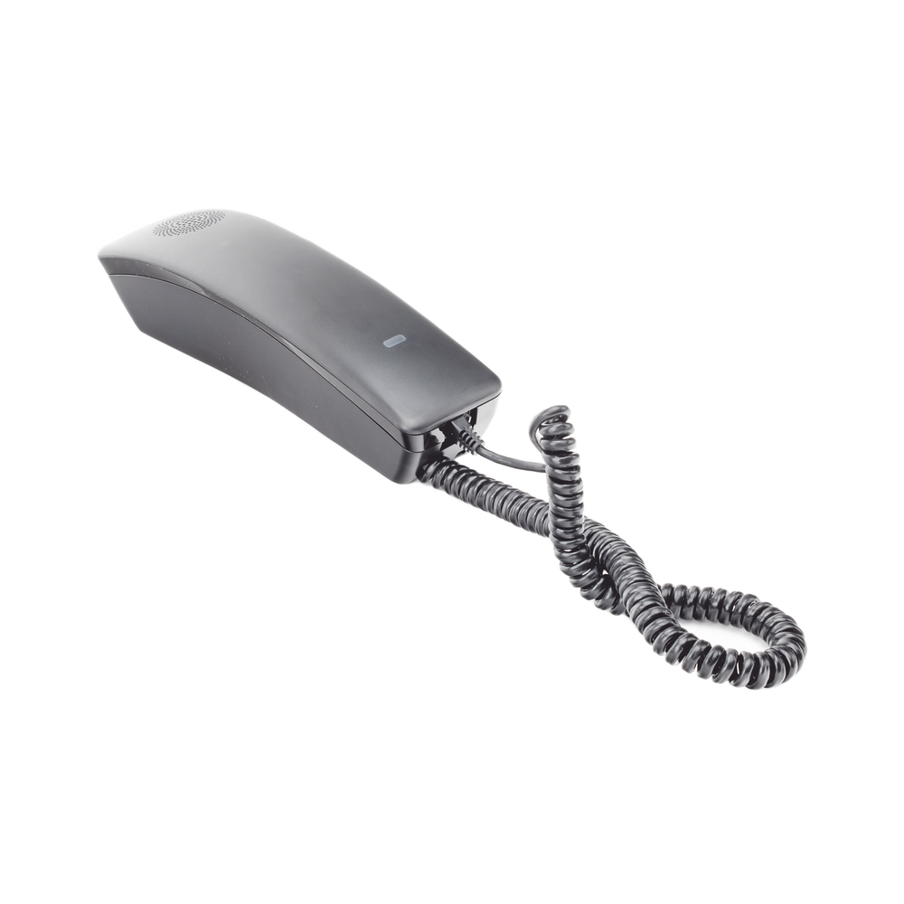 Professional IP phone for hospitality, wall mount, standard keypad, 3-way conferencing, Opus and PoE.