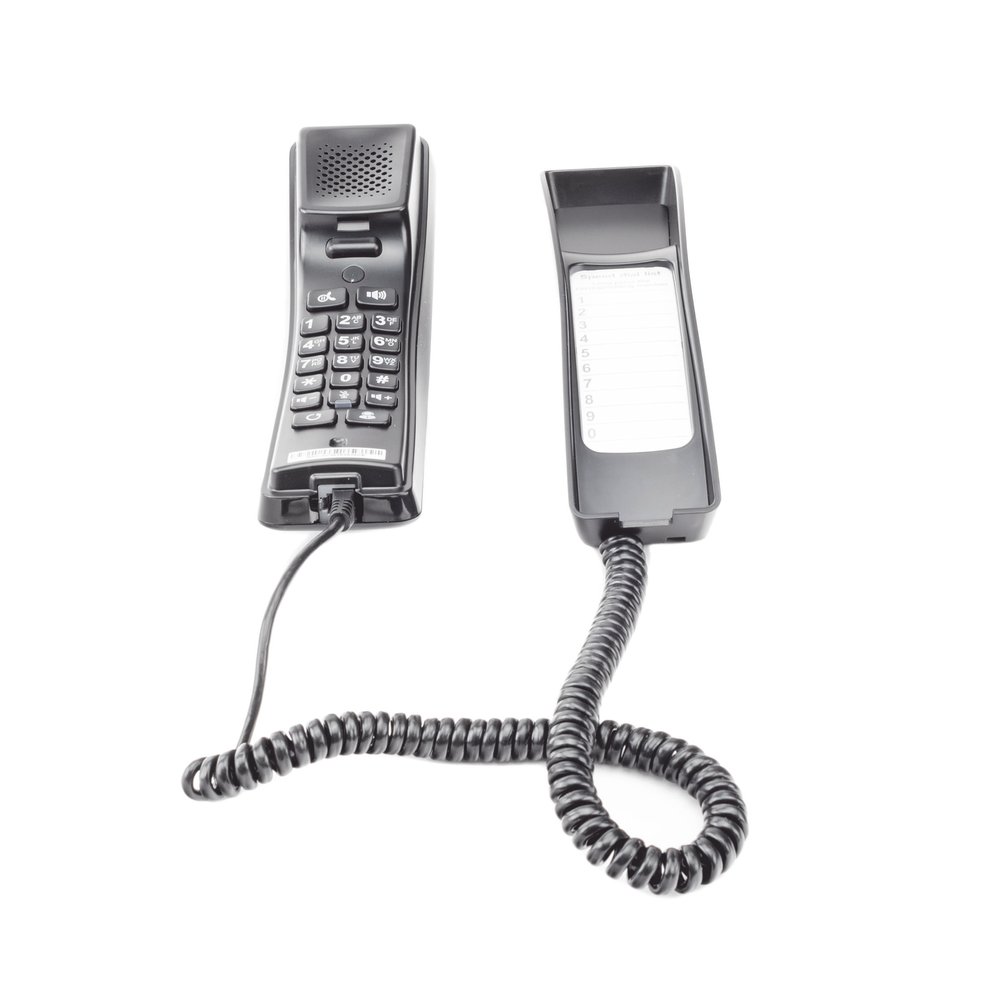Professional IP phone for hospitality, wall mount, standard keypad, 3-way conferencing, Opus and PoE.