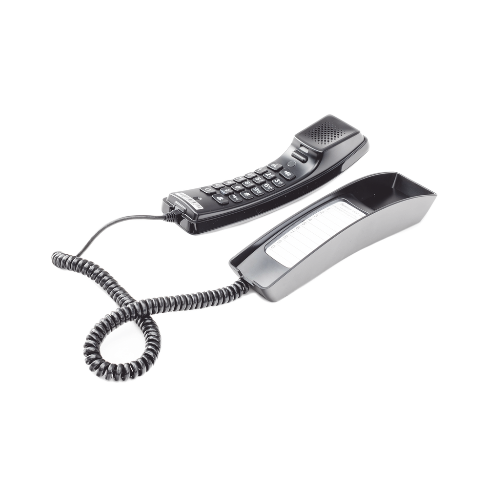 Professional IP phone for hospitality, wall mount, standard keypad, 3-way conferencing, Opus and PoE.
