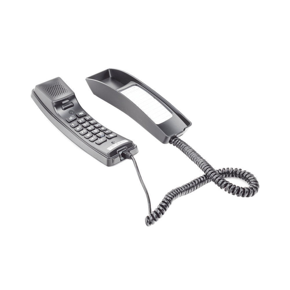 Professional IP phone for hospitality, wall mount, standard keypad, 3-way conferencing, Opus and PoE.