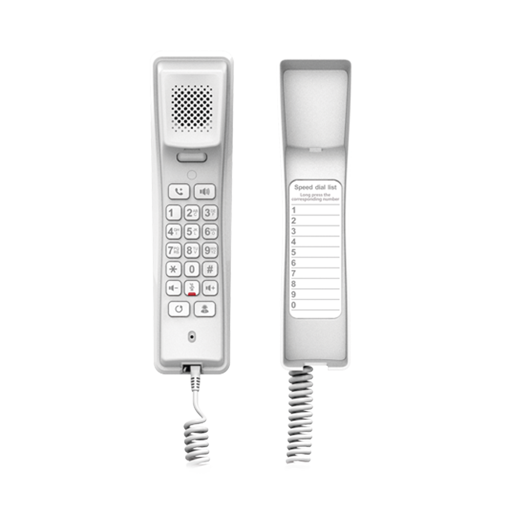 Professional IP phone for hospitality, wall mount, standard keypad, 3-way conferencing, Opus and PoE.