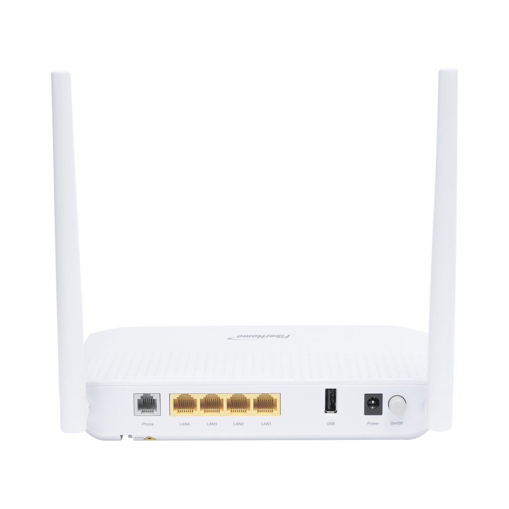 ONU GPON WiFi 2.4/5 GHz MIMO 2x2, 4 puertos Gigabit + 1 POTS + USB, conector SC/UPC