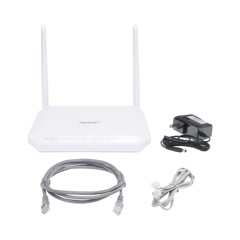 ONU GPON WiFi 2.4/5 GHz MIMO 2x2, 4 puertos Gigabit + 1 POTS + USB, conector SC/UPC