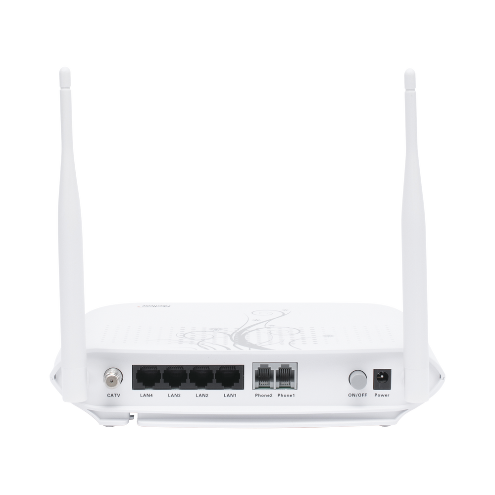 ONU GPON con 4 puertos Gigabit Ethernet + 2 POTS + 1 USB + 1 CATV (RF) + WiFi 2.4 GHz, conector SC/APC