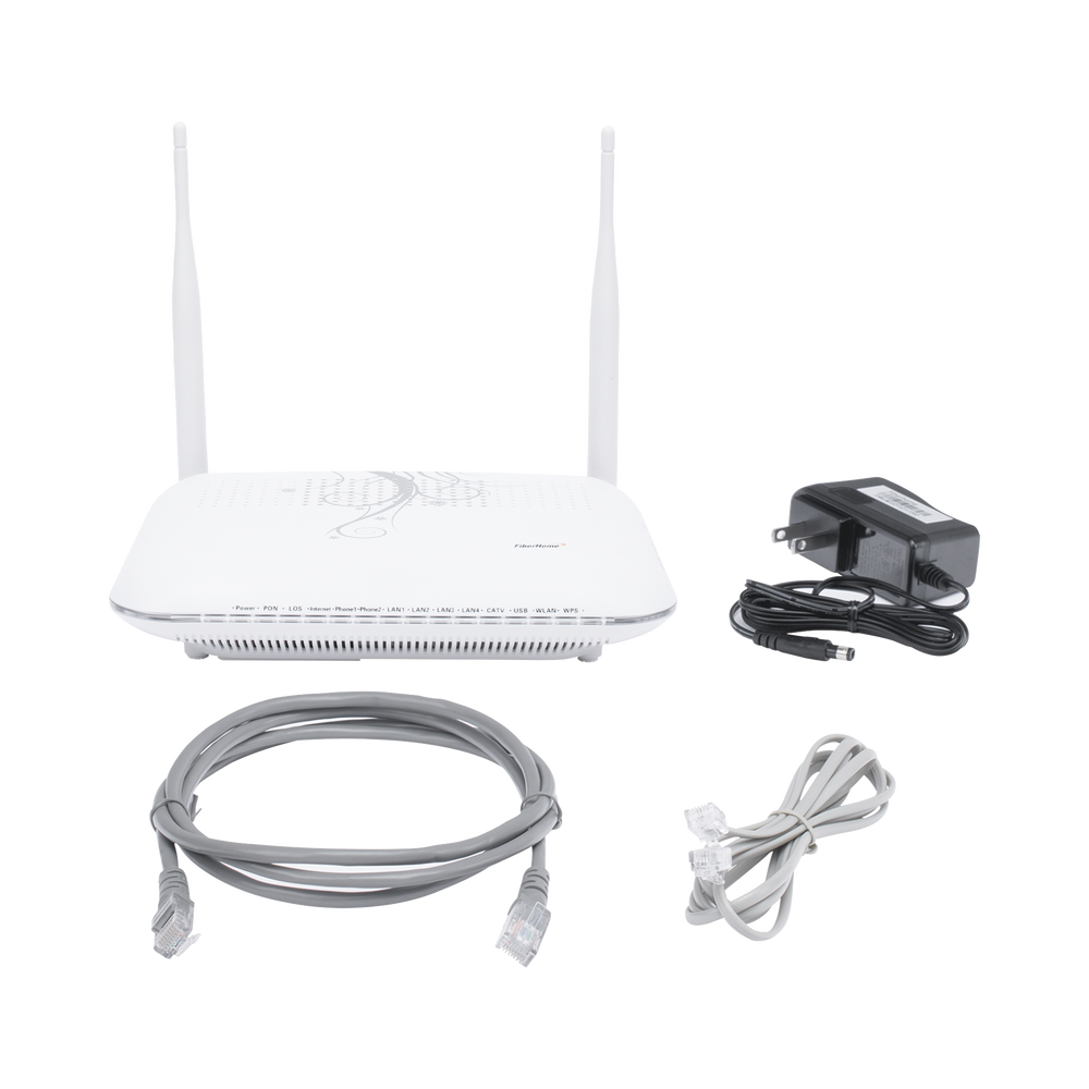 ONU GPON con 4 puertos Gigabit Ethernet + 2 POTS + 1 USB + 1 CATV (RF) + WiFi 2.4 GHz, conector SC/APC