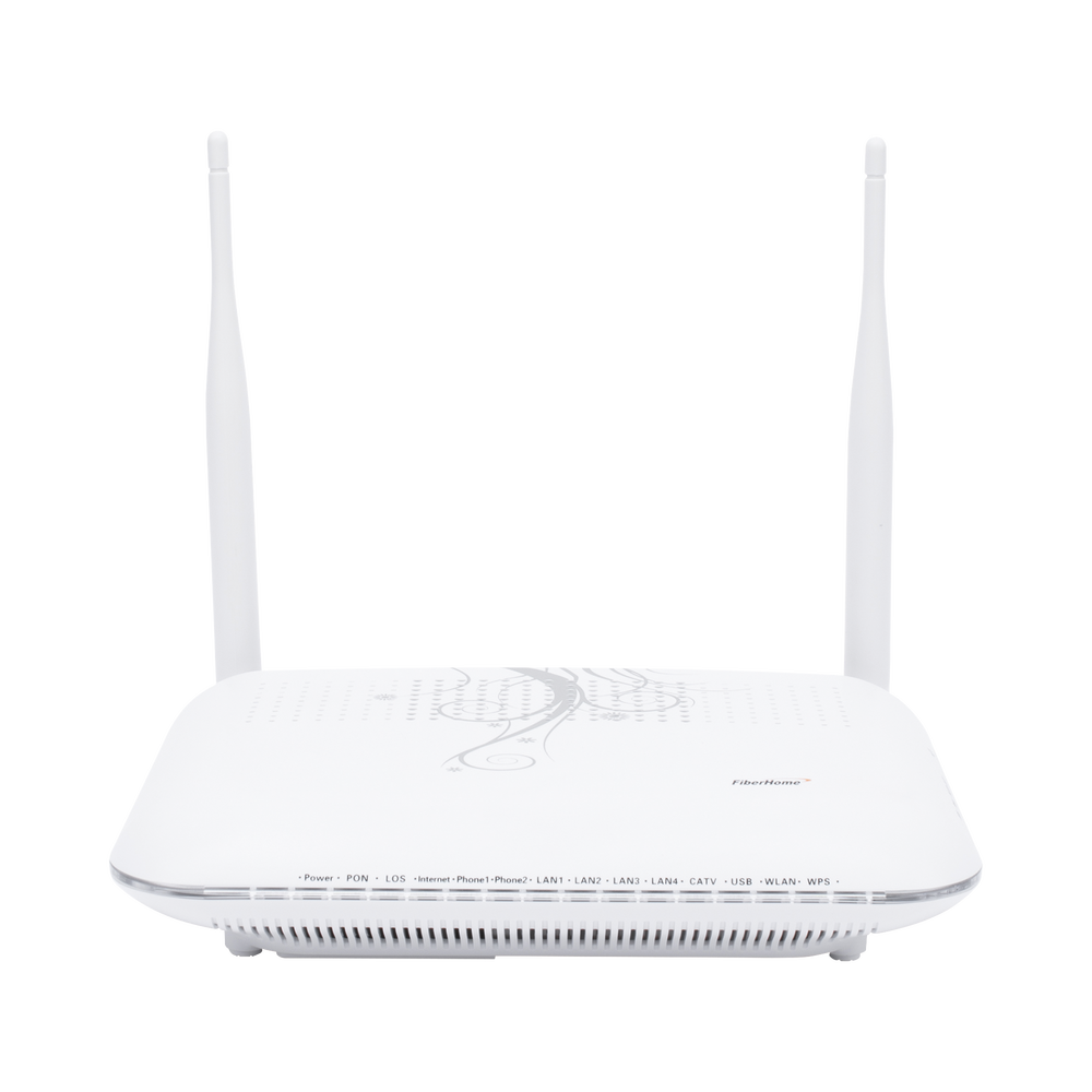 ONU GPON con 4 puertos Gigabit Ethernet + 2 POTS + 1 USB + 1 CATV (RF) + WiFi 2.4 GHz, conector SC/APC