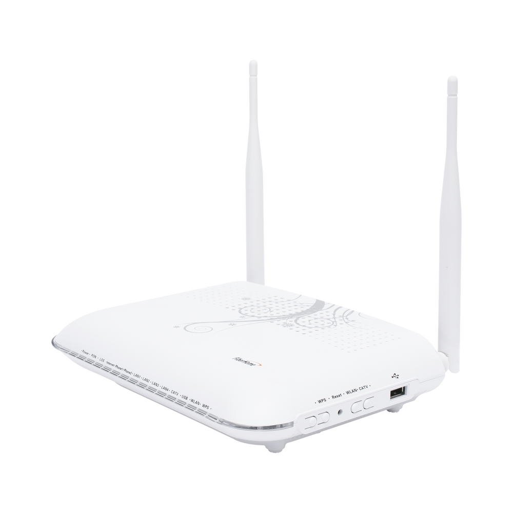ONU GPON con 4 puertos Gigabit Ethernet + 2 POTS + 1 USB + 1 CATV (RF) + WiFi 2.4 GHz, conector SC/APC