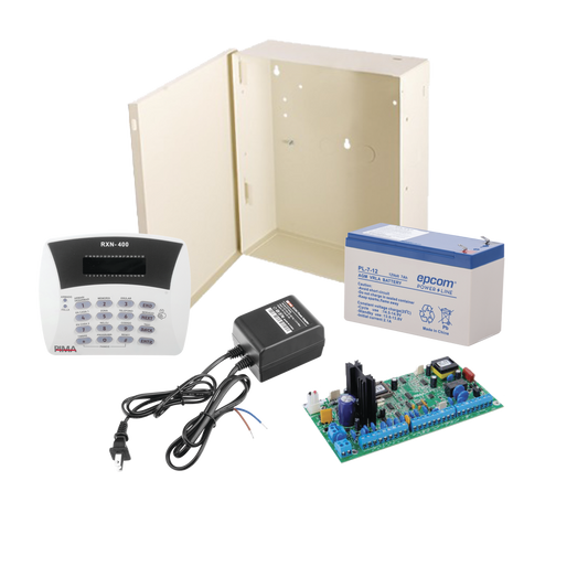 Kit de Alarma Hunter8 para uso de Transmisor Radio incluye Panel de Alarma, Teclado, Gabinete, Batería de 7Ah y Transformador.