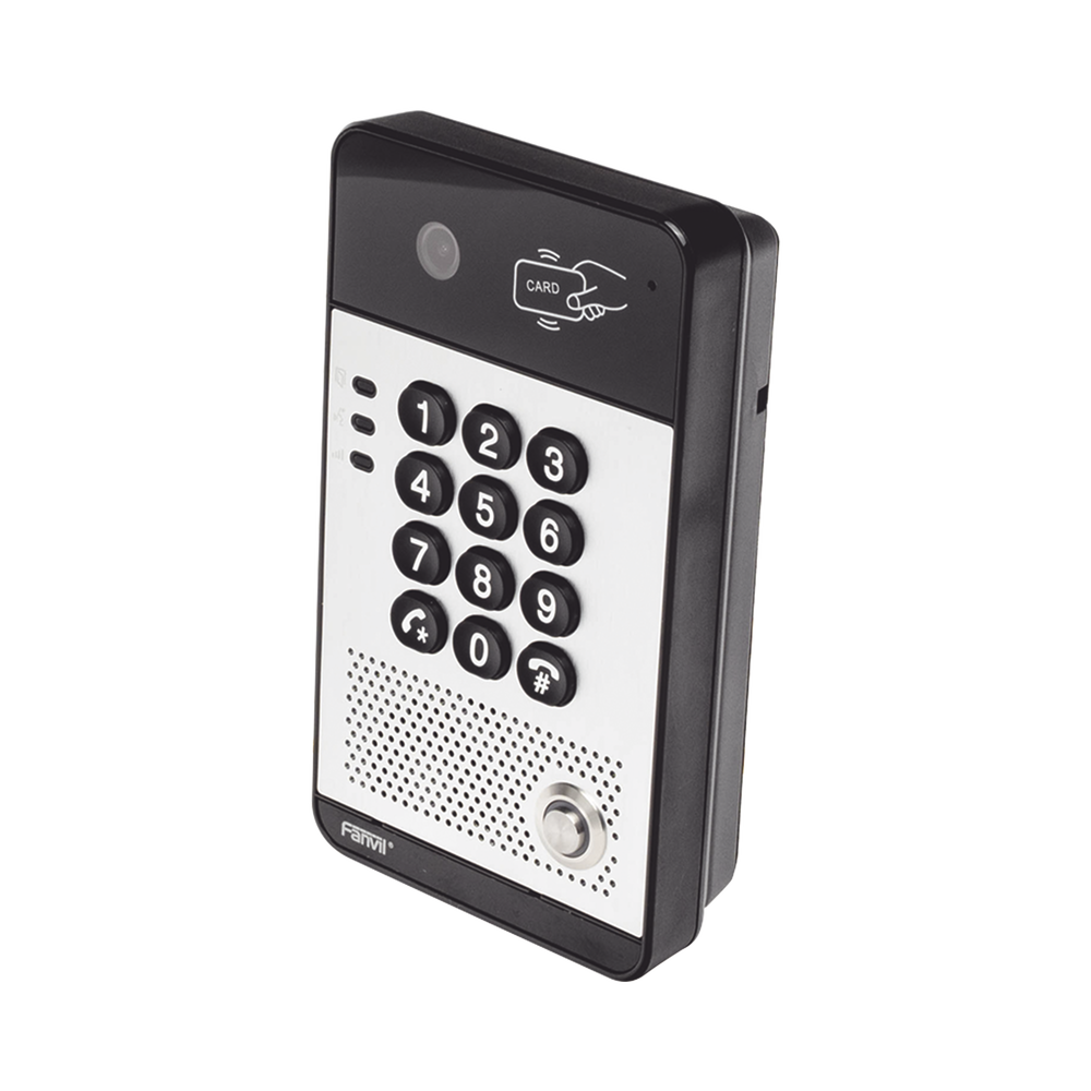 Vídeo Portero IP con 2 líneas SIP, cámara HD, relevador integrado, teclado numérico y lectora de tarjetas RFID para control de acceso, PoE