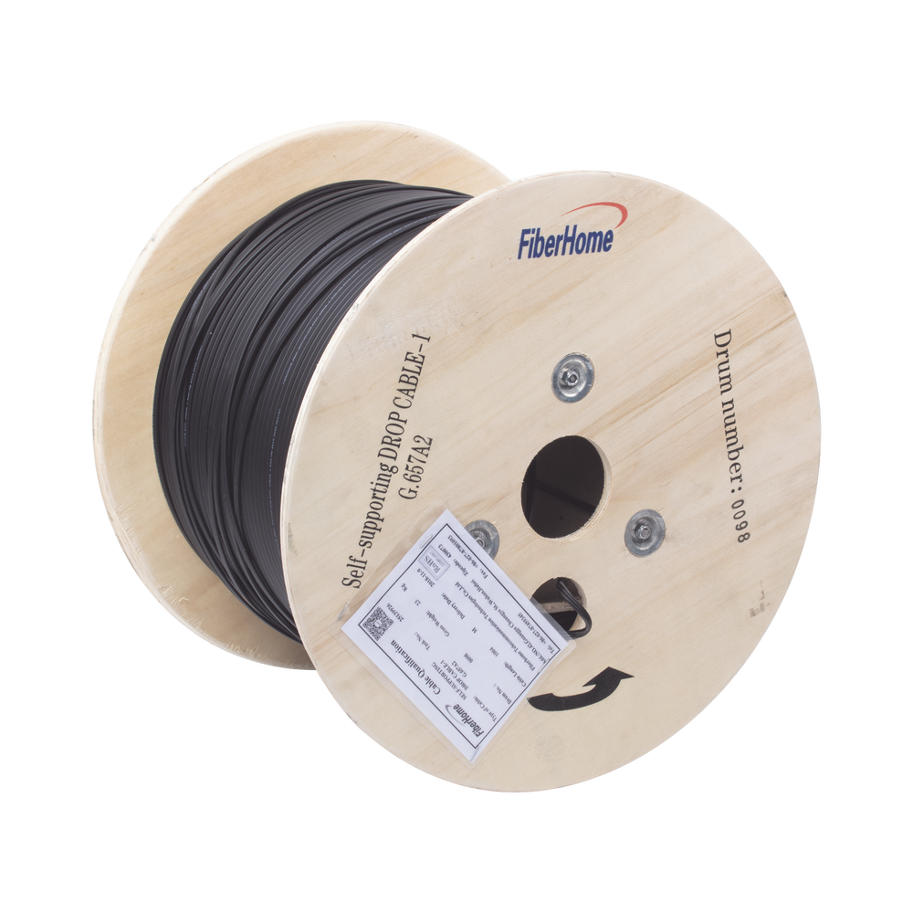 Carrete de 1 km de Fibra Óptica Aérea Mini Figura 8 G.657A2 tipo Drop, Monomodo de 1 Hilo (unifibra), Color Negro