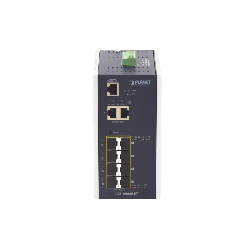 Switch Industrial Administrable L2+, 8 Puertos 1G SFP, 2 Puertos TP Gigabit, (-40 ~75 grados C) 