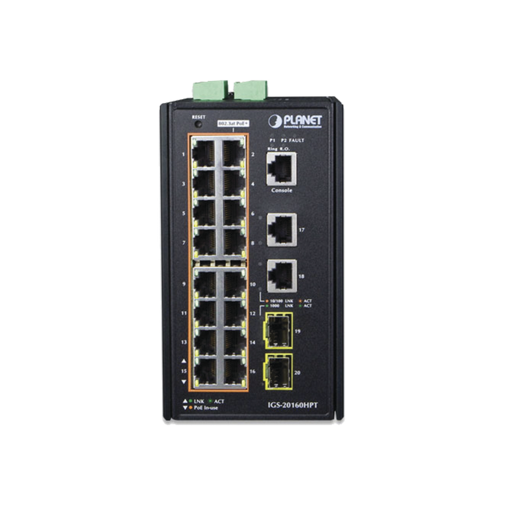 Industrial Managed Switch 16 ports 10/100/1000 T 802.3at PoE + 2 ports 10/100/1000 T + 2 ports 100/1000 X SFP