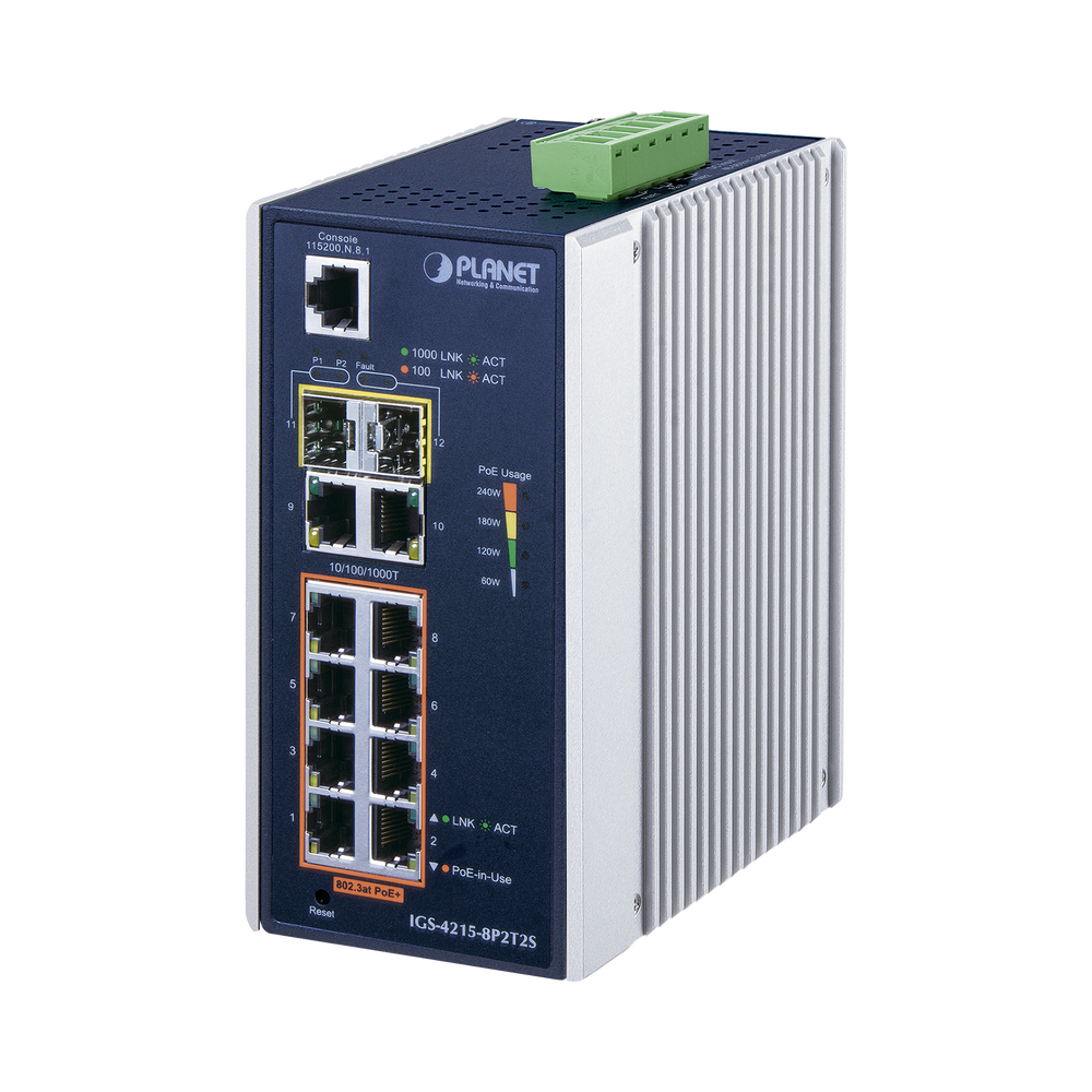 Switch industrial Administrable L2 de 8 puertos Gigabit c/PoE 802.3at + 2 puertos Gigabit + 2 puertos SFP (240W)