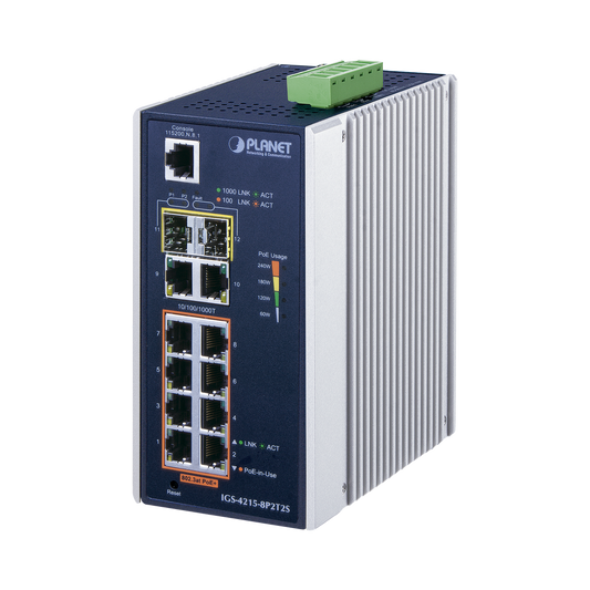 Switch industrial Administrable L2 de 8 puertos Gigabit c/PoE 802.3at + 2 puertos Gigabit + 2 puertos SFP (240W)
