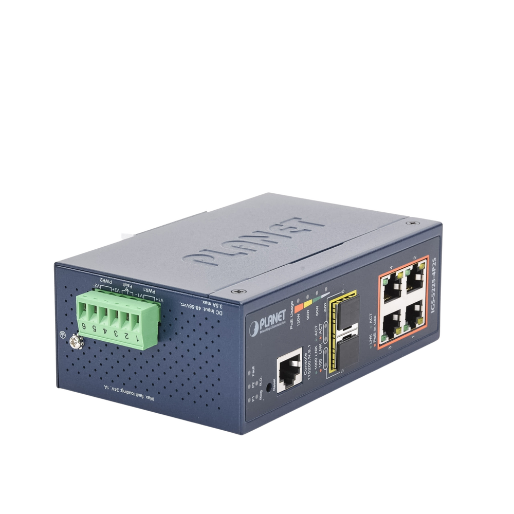 Layer 2 Managed Industrial Switch, 4 PoE Ports 802.3af/at 10/100/1000T, 2 SFP 100/1000X Ports
