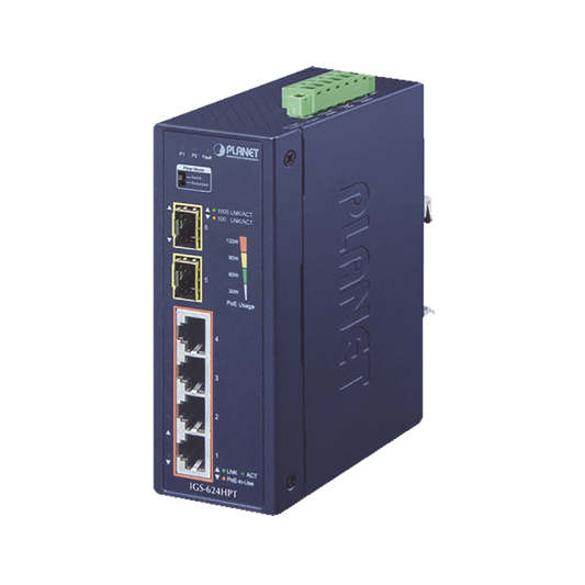 Switch PoE Industrial No Administrable de 4 Puertos PoE 10/100/1000T 802.3at, 2 Puertos SFP 10/1000X