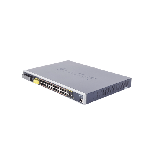 Switch PoE Industrial Capa 3, Con 24 Puertos PoE Gigabit  802.3af/at, 4 Puertos SFP Compartidos 100 / 1000X, Soporta temperaturas extremas de -40 ~ 75°C