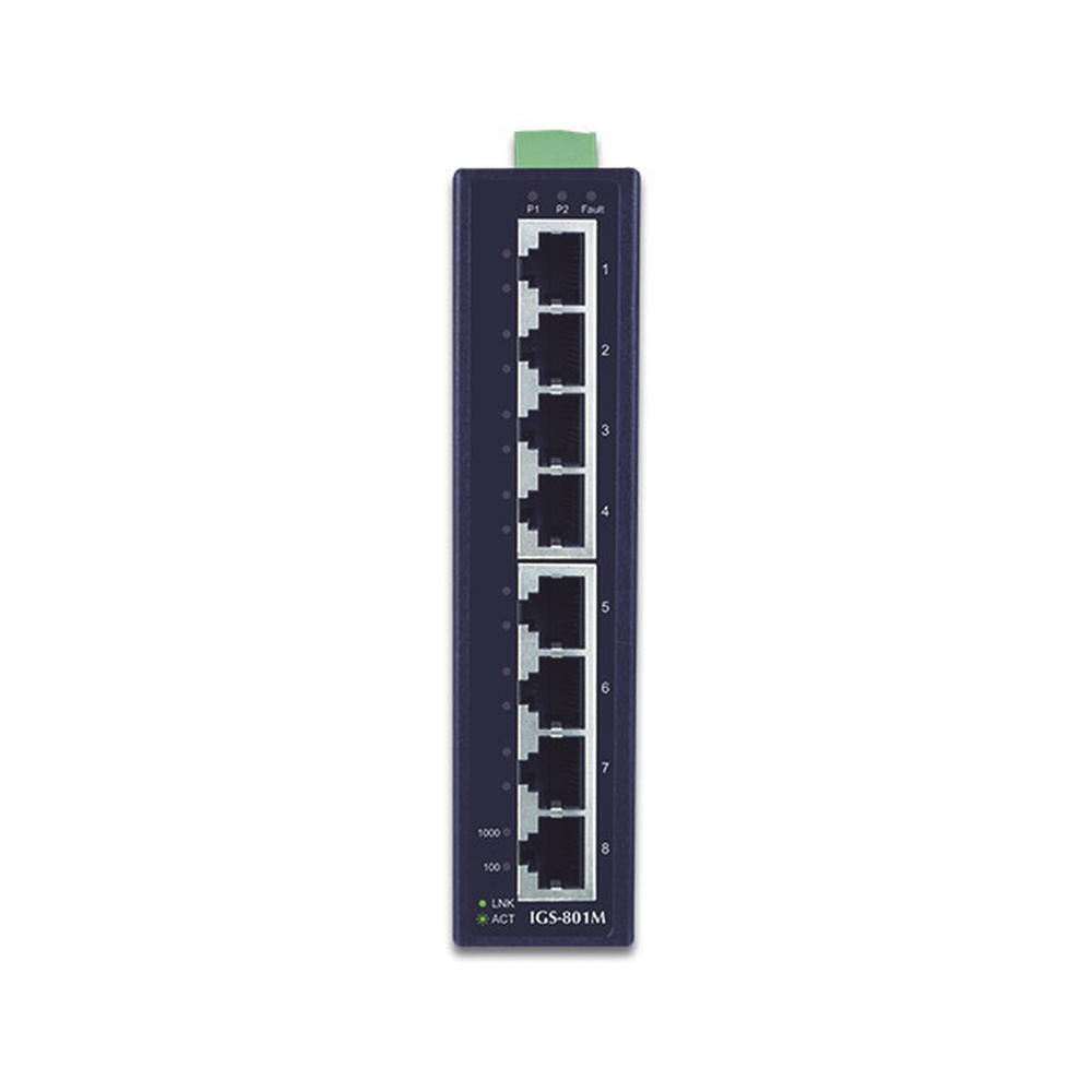 Layer 2 Managed Industrial Switch, 8 Gigabit Ports, Dual Power Input for Redundant Supply