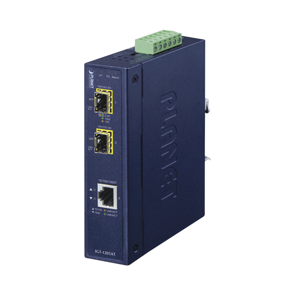 Convertidor de Medios Industrial de 1 Puerto Ethernet 10/100/1000 Base-T a 2 Puertos SFP 100/1000/2500 Base-X