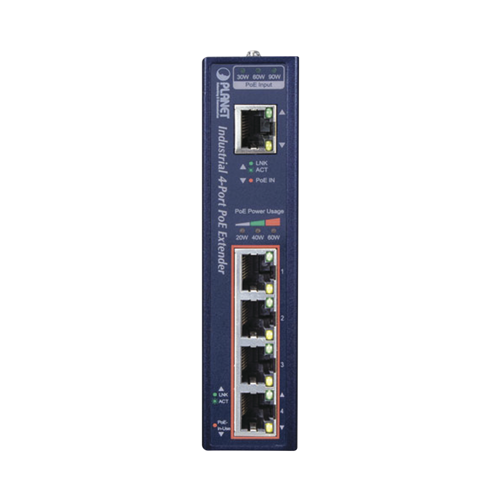 Industrial Extender, 802.3 bt PoE Input and 4 Gigabit 802.3 af/at Output Ports