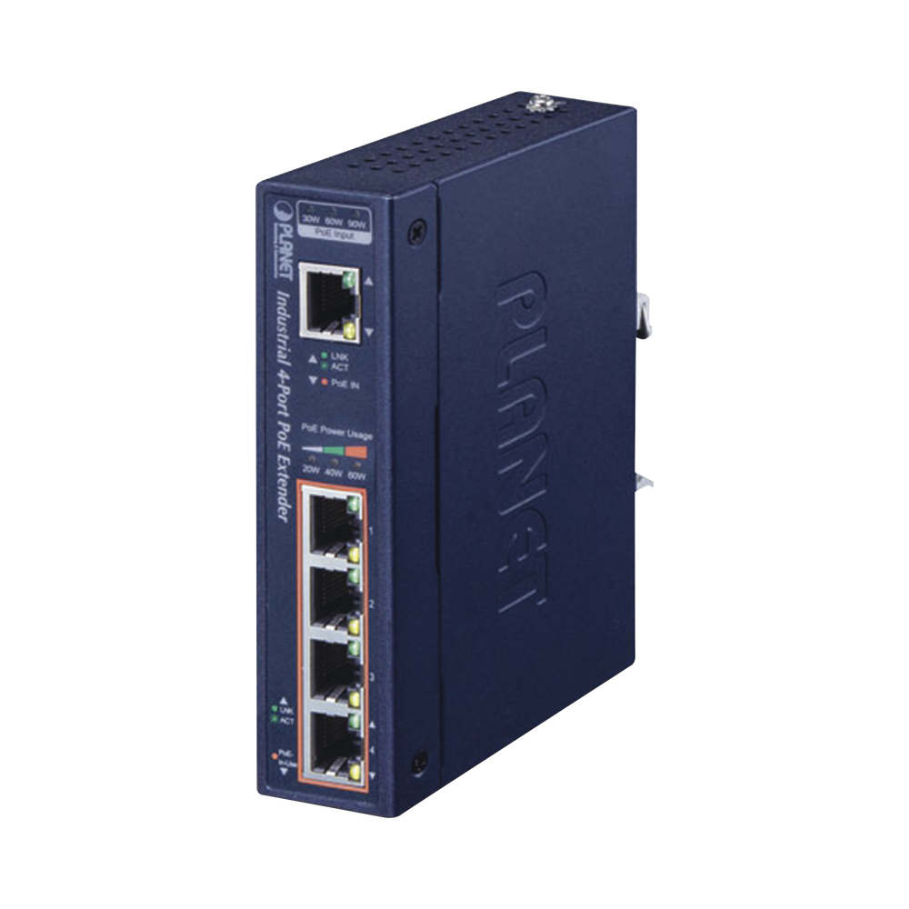 Extensor Industrial , Entrada PoE 802.3 bt  y 4 Puertos de Salida Gigabit 802.3 af/at