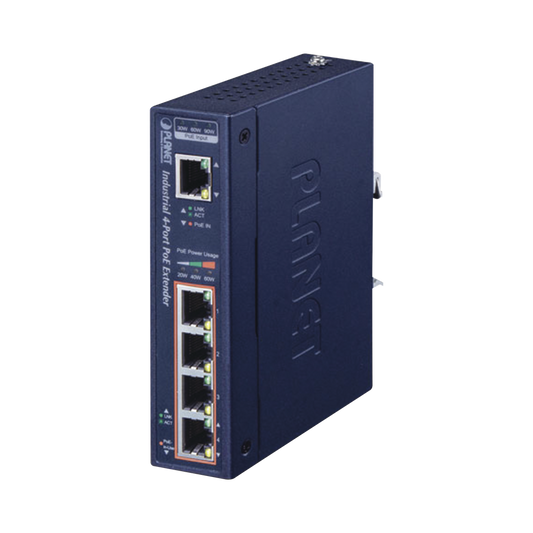 Extensor Industrial , Entrada PoE 802.3 bt  y 4 Puertos de Salida Gigabit 802.3 af/at