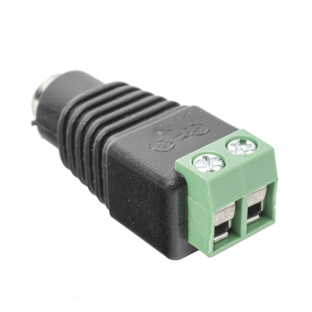 3.5mm polarized 12V DC female jack adapter / Screw type terminals / Polarized (+/-) / Ideal for CCTV cameras.