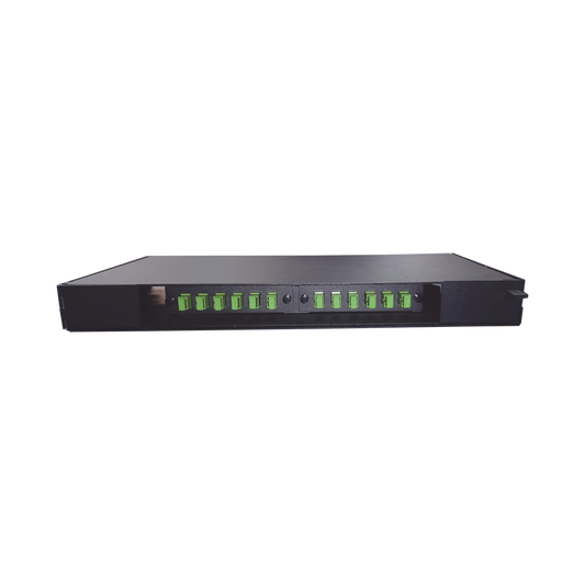 Patch panel de 12 puertos de 1u, incluye pigtails, adapters plates y splice tray