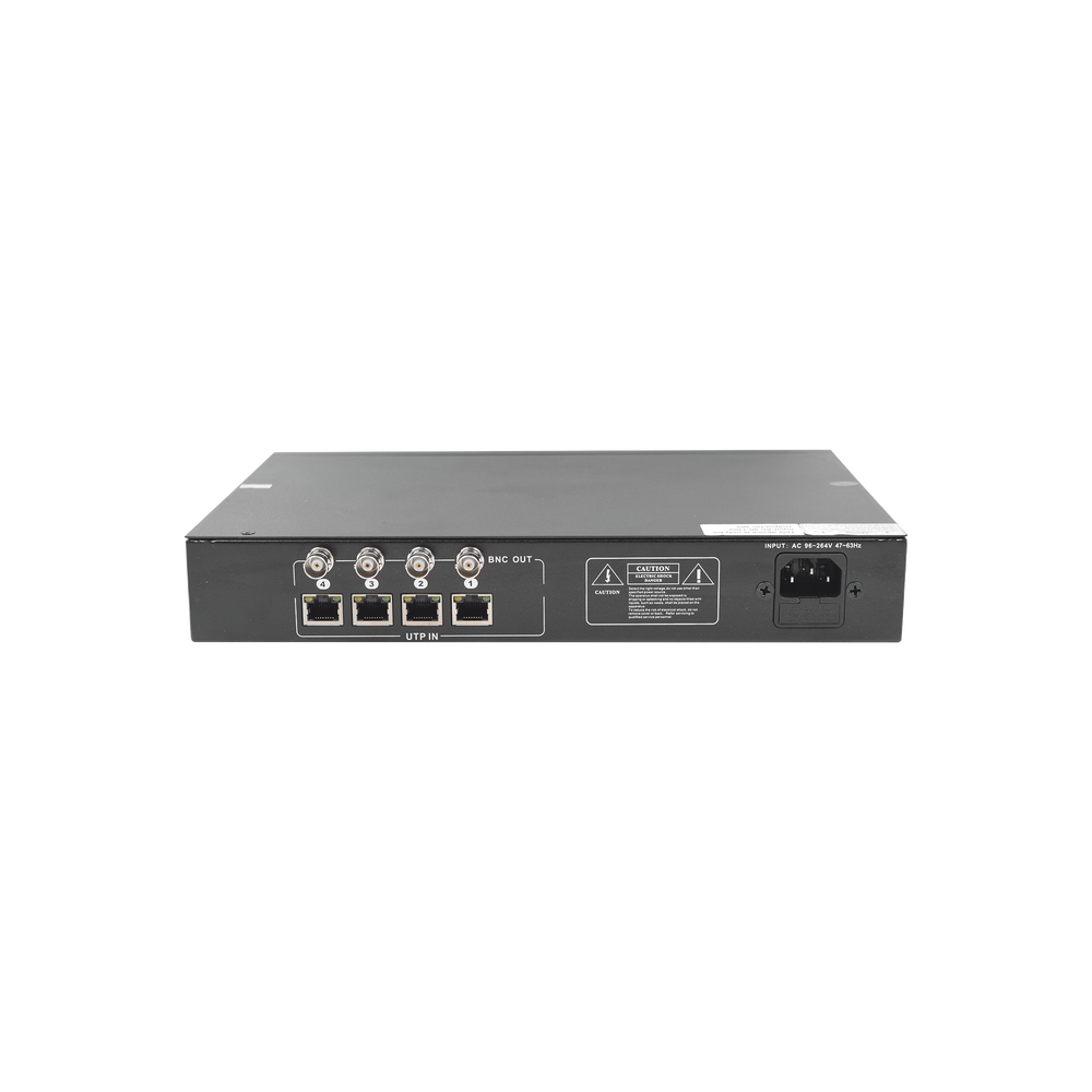 4-channel kit for transmitting POWER (from 36 Vdc to 12 Vdc) and VIDEO (HD-TVI) at distances of up to 250 meters.
