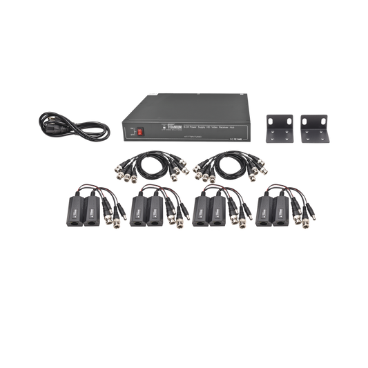 Kit de TRANSCEPTOR ACTIVO DE 8 CANALES / VIDEO+PODER en un solo Cable UTP / 150 metros en 4K, 200 metros en 5 MP/ Envía 36 Vcc y Recibe 12 Vcc / TODO INCLUIDO PARA RACK / Compatible con cámaras HD-TVI/CVI/AHD/CVBS / INSTALACIÓN LIMPIA