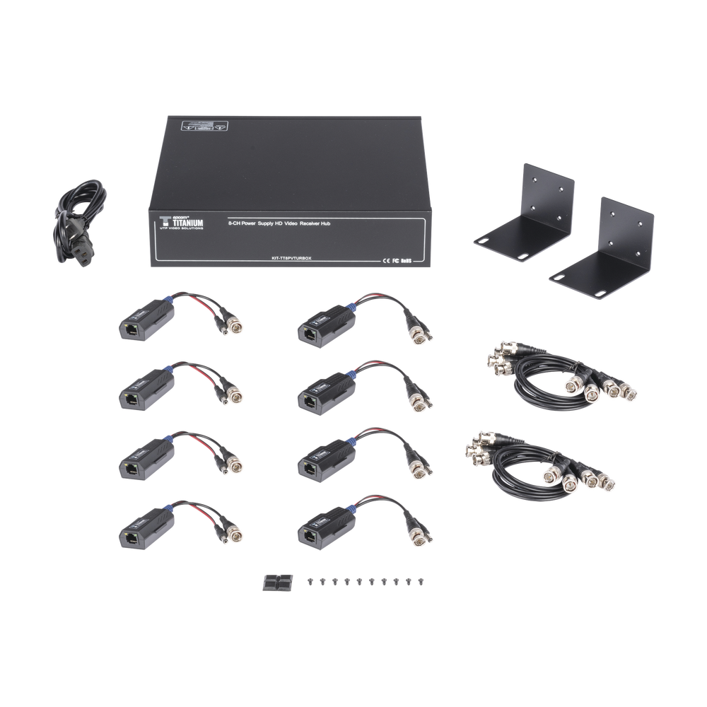 Kit de TRANSCEPTOR ACTIVO DE 8 CANALES / VIDEO+PODER en un solo Cable UTP / 150 metros en 4K, 200 metros en 5 MP/ Envía 36 Vcc y Recibe 12 Vcc / TODO INCLUIDO PARA RACK / Compatible con cámaras HD-TVI/CVI/AHD/CVBS / INSTALACIÓN LIMPIA