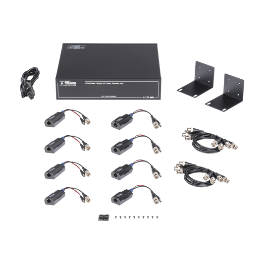 Kit de TRANSCEPTOR ACTIVO DE 8 CANALES / VIDEO+PODER en un solo Cable UTP / 150 metros en 4K, 200 metros en 5 MP/ Envía 36 Vcc y Recibe 12 Vcc / TODO INCLUIDO PARA RACK / Compatible con cámaras HD-TVI/CVI/AHD/CVBS / INSTALACIÓN LIMPIA