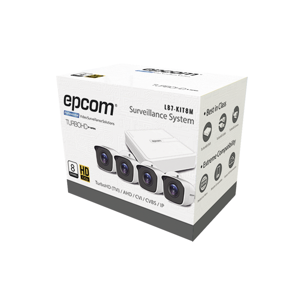 Sistema Completo de 4 Cámaras Bala TURBOHD 720p / DVR 8 Canales / P2P / 4 juegos de cable de 18mts