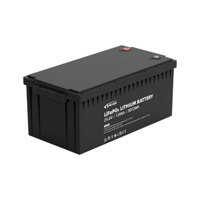 Batería LiFePO4 Estacionaria / 3.07 kWh / 25.6V 120Ah / IP65 / 6000 Ciclos 80% DOD / ABS / Protecciones Múltiples / Bala