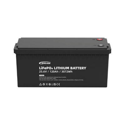 Batería LiFePO4 Estacionaria / 3.07 kWh / 25.6V 120Ah / IP65 / 6000 Ciclos 80% DOD / ABS / Protecciones Múltiples / Bala