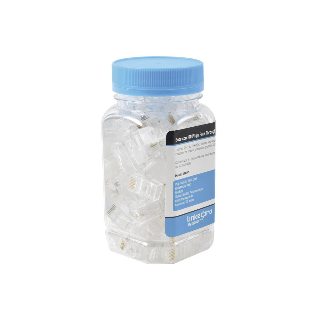 Bote con 100 Plugs Pass through RJ45 Cat6 sin blindaje, chapado de oro a 50 micras para durabilidad extrema