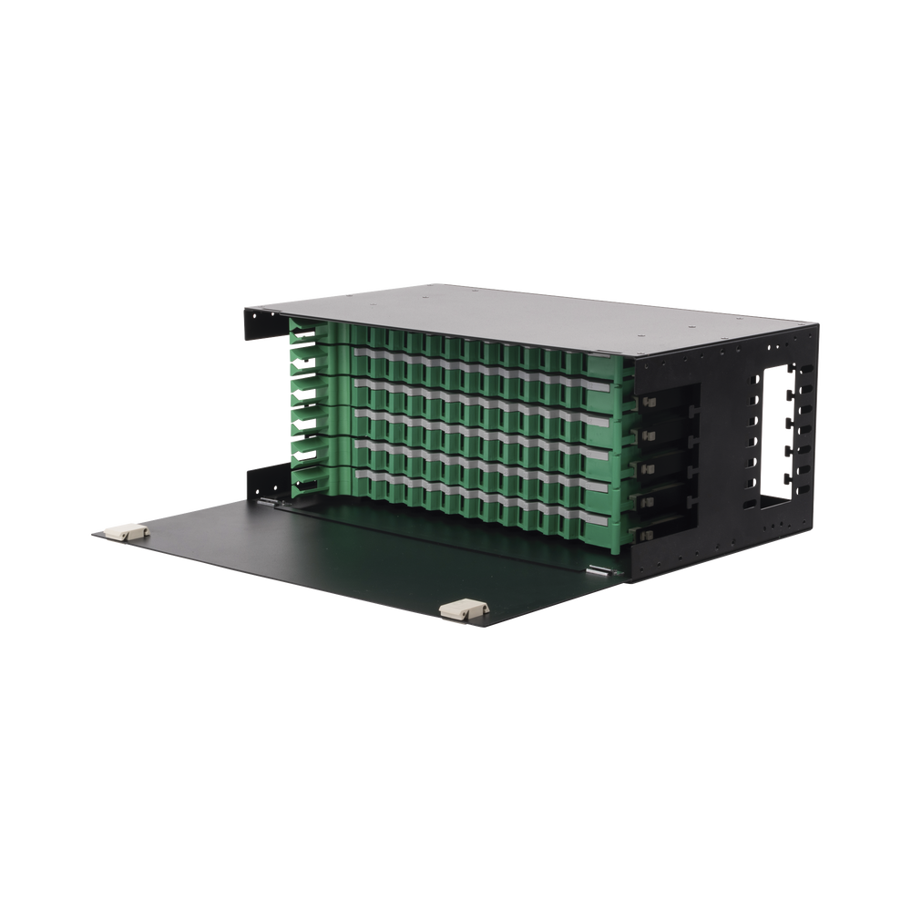 Distribuidor de Fibra Óptica con bandejas deslizables, vacío, 19in, acepta 72 adaptadores "LC Duplex" o "LC Simplex" o 72 "SC" Simplex, 4U