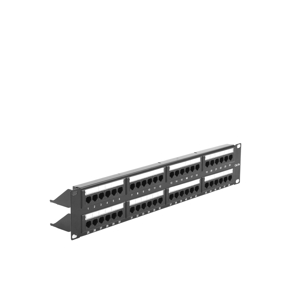 Panel de parcheo de impacto (110) UTP de 48 puertos Cat5e 19in, 2U con barra para organizar cable