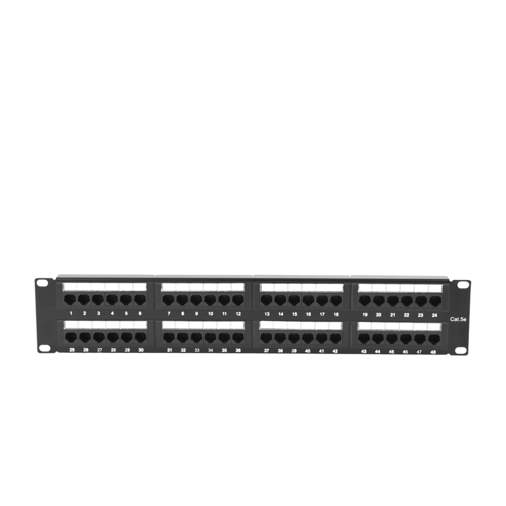 Panel de parcheo de impacto (110) UTP de 48 puertos Cat5e 19in, 2U con barra para organizar cable