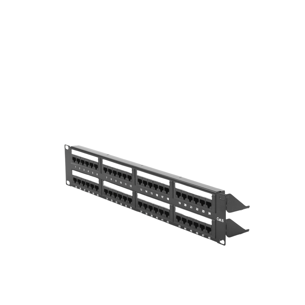Panel de parcheo de impacto (110) UTP de 48 puertos Cat6, 19in, 2U, con barra para organizar cable