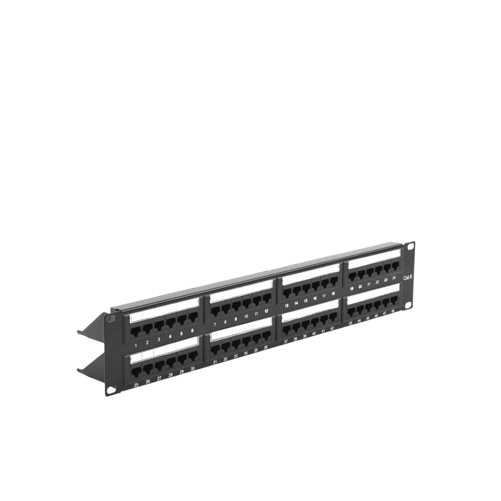Panel de parcheo de impacto (110) UTP de 48 puertos Cat6, 19in, 2U, con barra para organizar cable