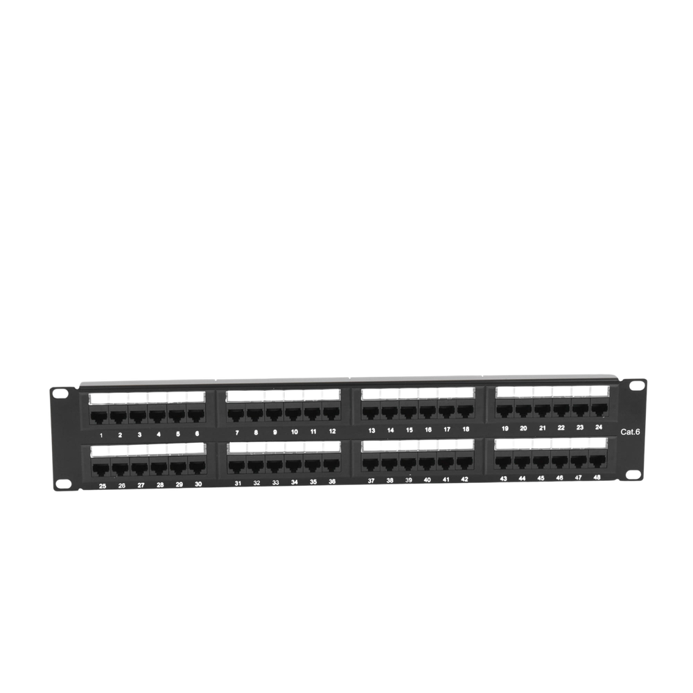 Panel de parcheo de impacto (110) UTP de 48 puertos Cat6, 19in, 2U, con barra para organizar cable