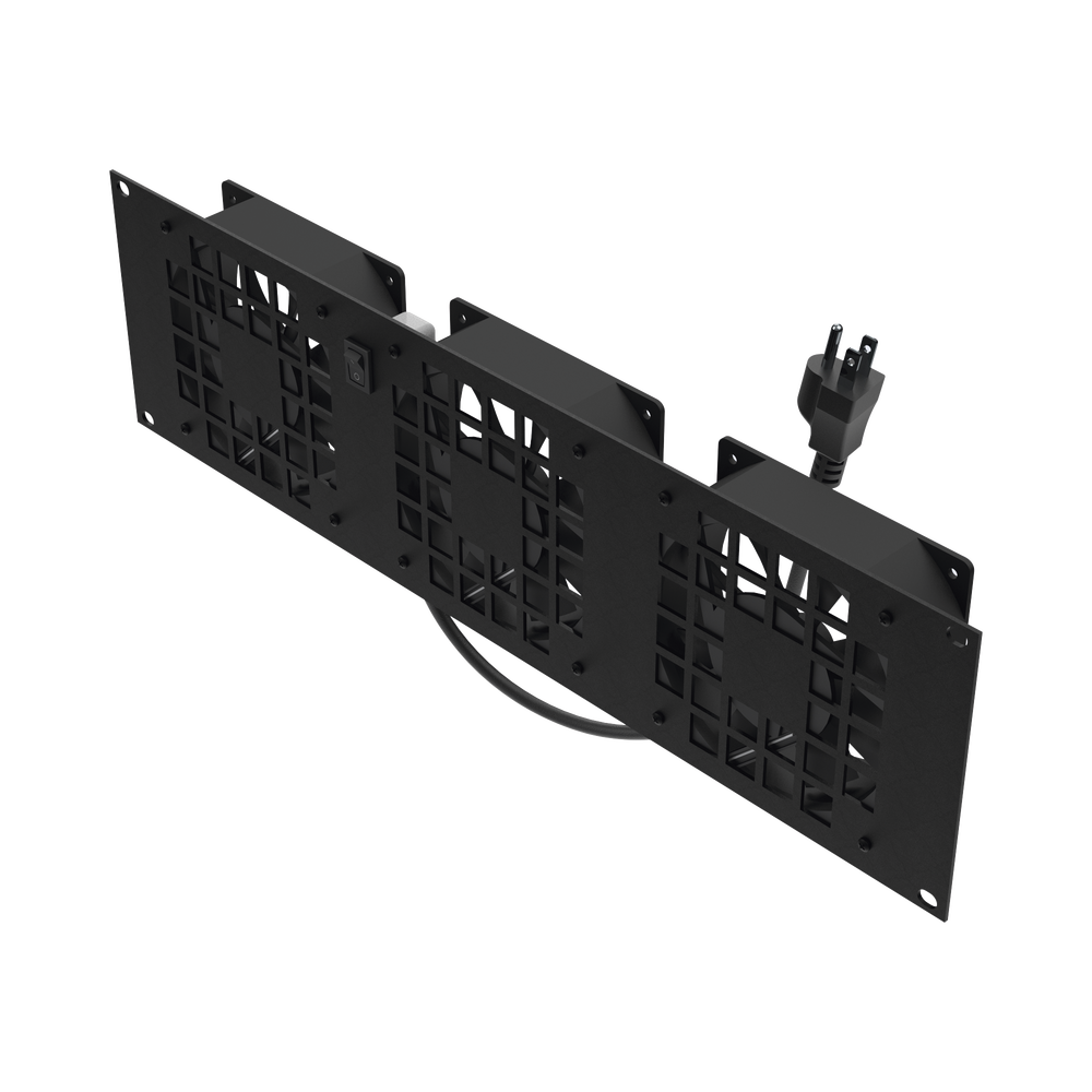 Kit of 3 110 Vac fans (12 x 12 cm) with 5-15P plugs. For installation on rack posts.
