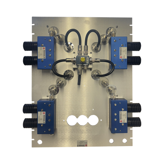 Combinador en Panel para Rack 19" 400-512 MHz, 4 Canales (8" Diam.) 250 kHz, 100/150 Watt, N Hembras.