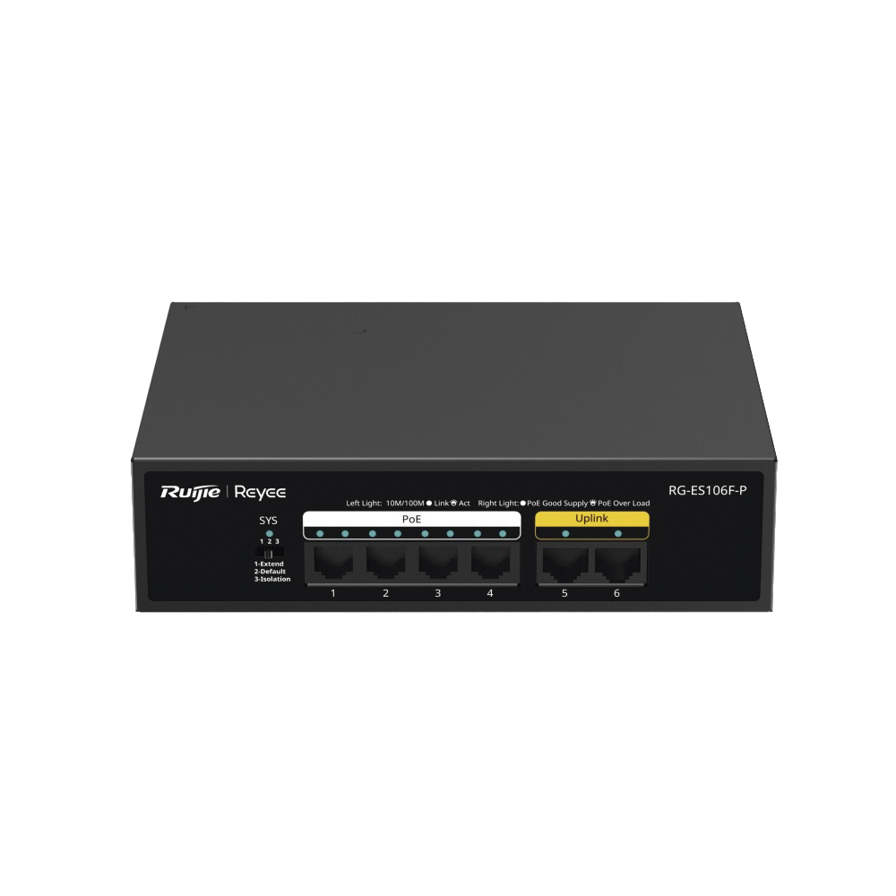 Switch PoE de 6 Puertos 10/100 Mbps, No Administrable, 54 W, Diseño de Alta Calidad, Visible en Ruijie Cloud