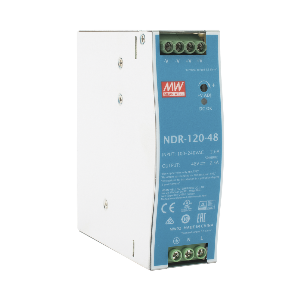 120W industrial power supply, 48VDC output, 90~264VAC input, DIN rail mount,