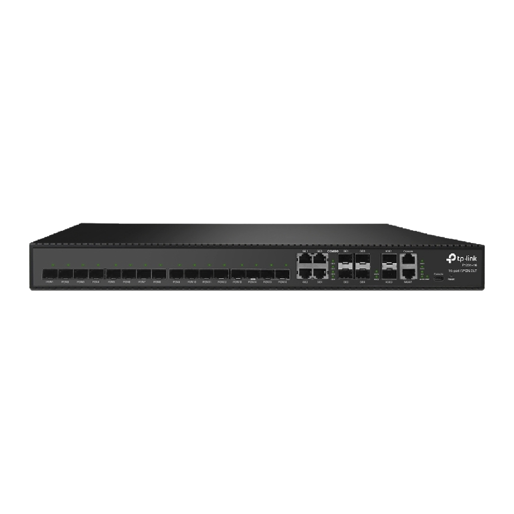 OLT de 16 puertos GPON, hasta 2048 ONUs, 4 puertos combo (RJ45 + SFP) Gigabit + 2 puertos SFP+ 10GbE, 2 fuentes AC (incluidas)