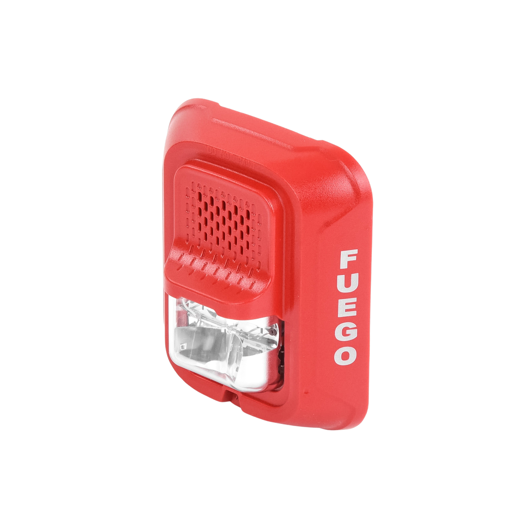 Sirena con Lámpara Estroboscópica a 2 Hilos, Montaje en Pared, Color Rojo, Configuración Estroboscópica Seleccionable y Texto en Español, Nuevo Diseño Moderno y Elegante y Menor Consumo de Corriente