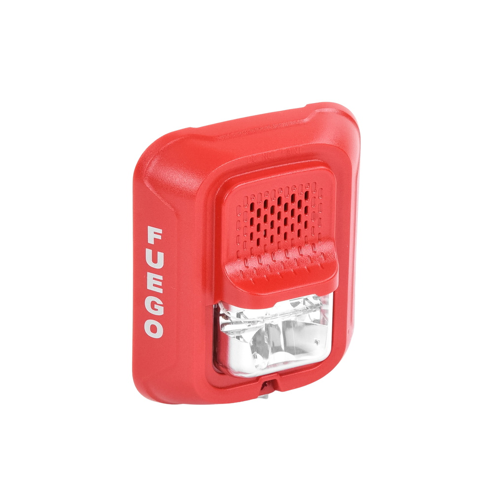 Sirena con Lámpara Estroboscópica a 2 Hilos, Montaje en Pared, Color Rojo, Configuración Estroboscópica Seleccionable y Texto en Español, Nuevo Diseño Moderno y Elegante y Menor Consumo de Corriente