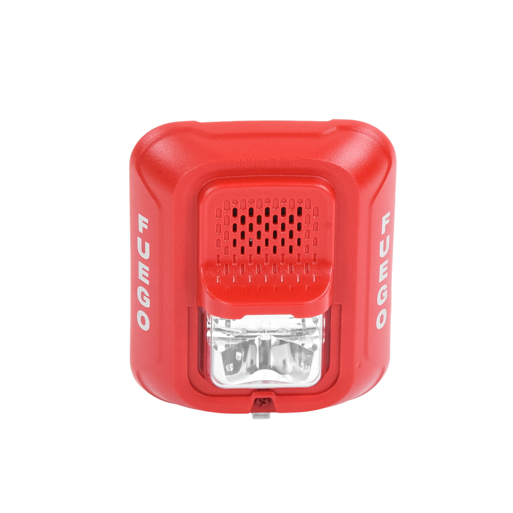 Sirena con Lámpara Estroboscópica a 2 Hilos, Montaje en Pared, Color Rojo, Configuración Estroboscópica Seleccionable y Texto en Español, Nuevo Diseño Moderno y Elegante y Menor Consumo de Corriente